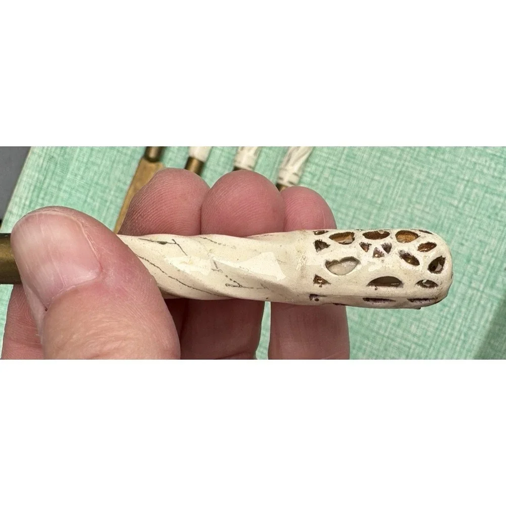 Vintage set of 6 bronze blade fruit knives Bohemia pierced porcelain handles